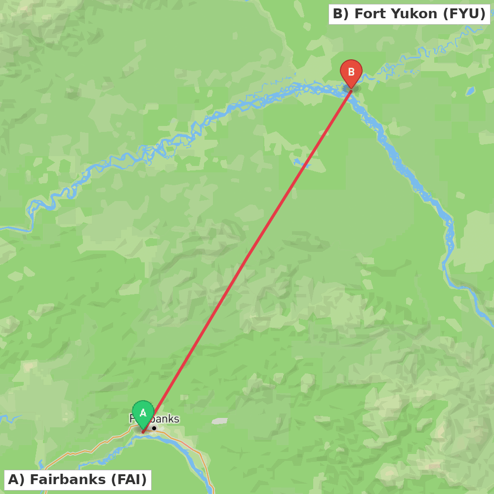 Flight route map from Fairbanks to Fort Yukon