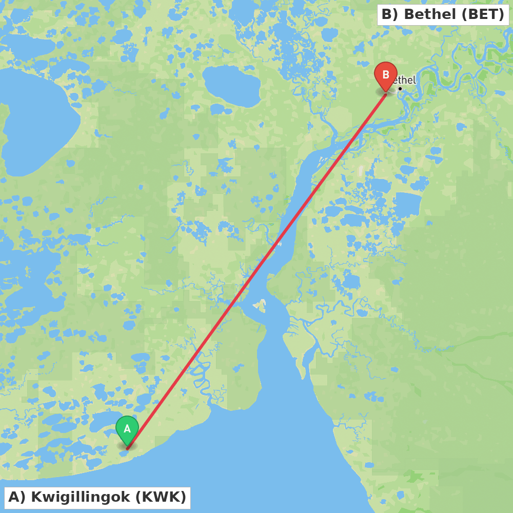 Flight route map from Kwigillingok to Bethel