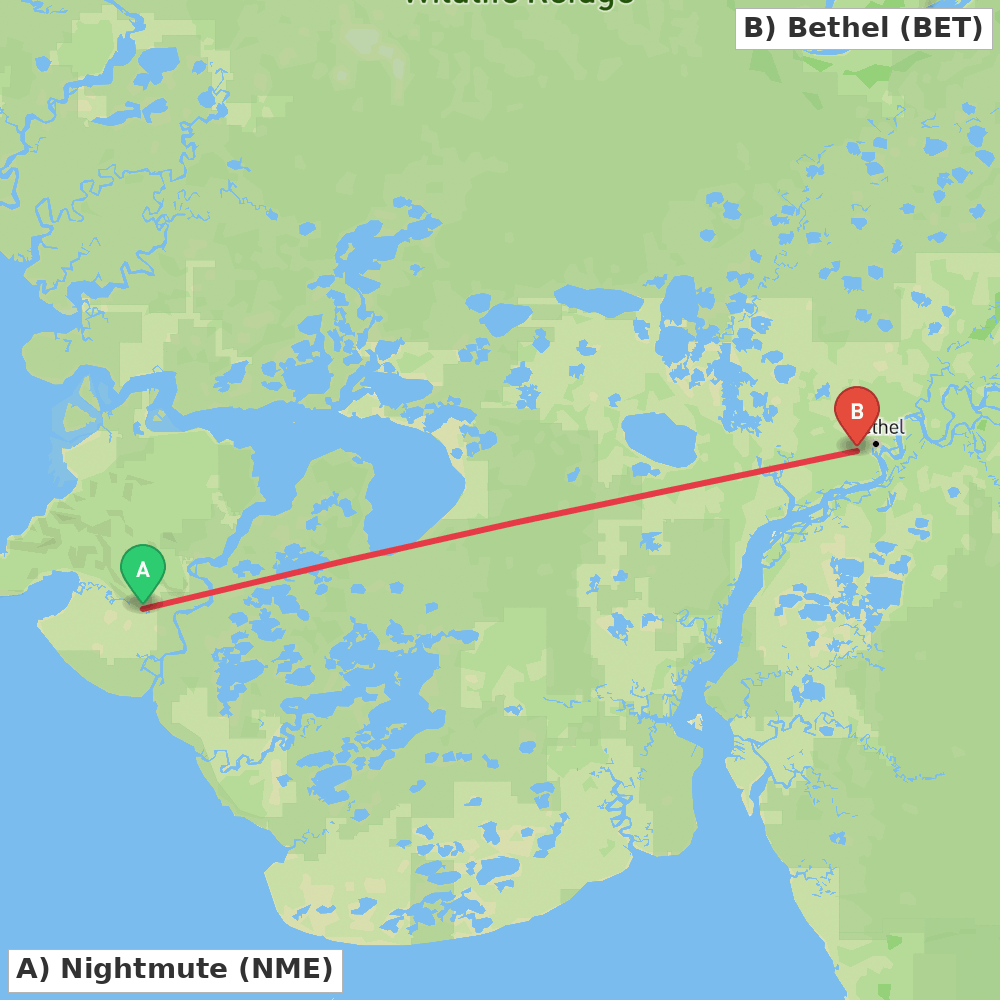 Flight route map from Nightmute to Bethel