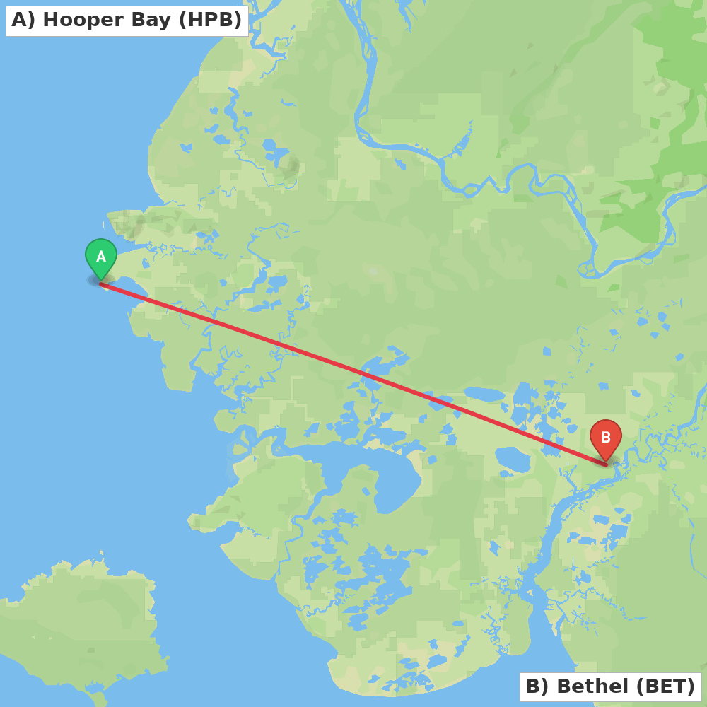 Flight route map from Hooper Bay to Bethel