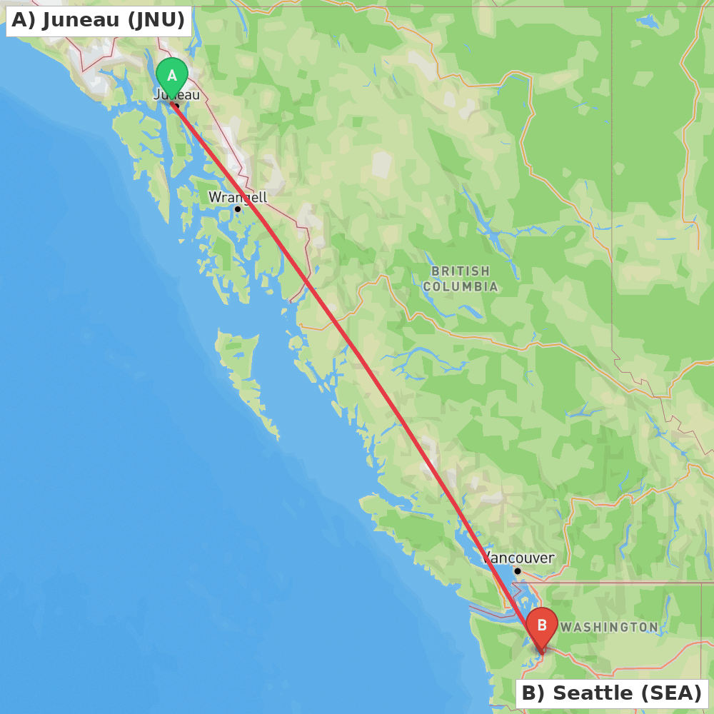 Flight route map from Juneau to Seattle
