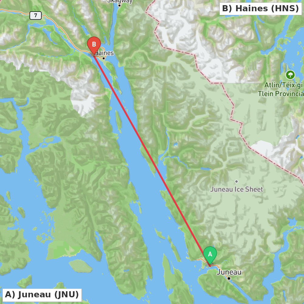 Flight route map from Juneau to Haines