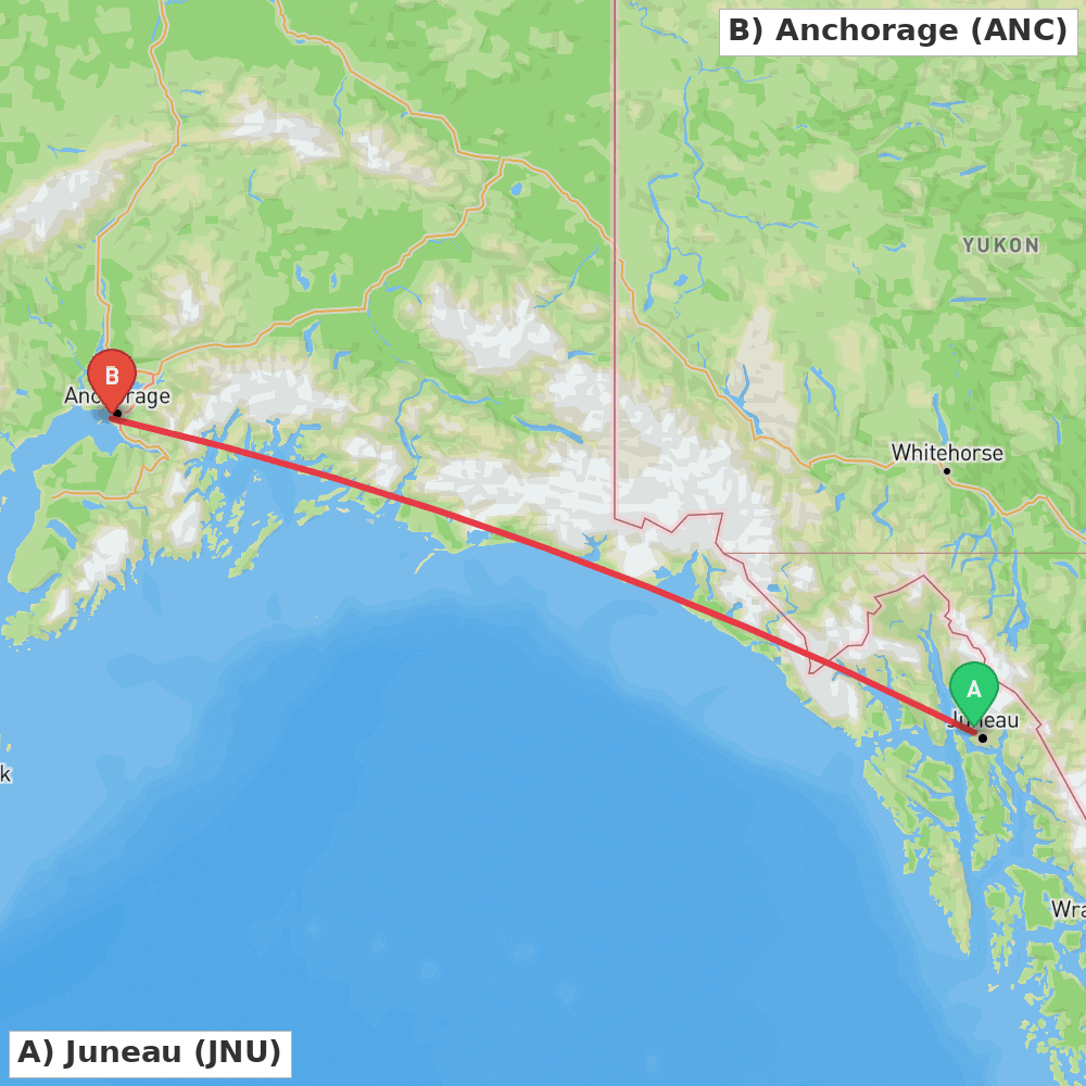 Flight route map from Juneau to Anchorage