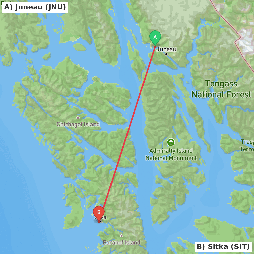 Flight route map from Juneau to Sitka