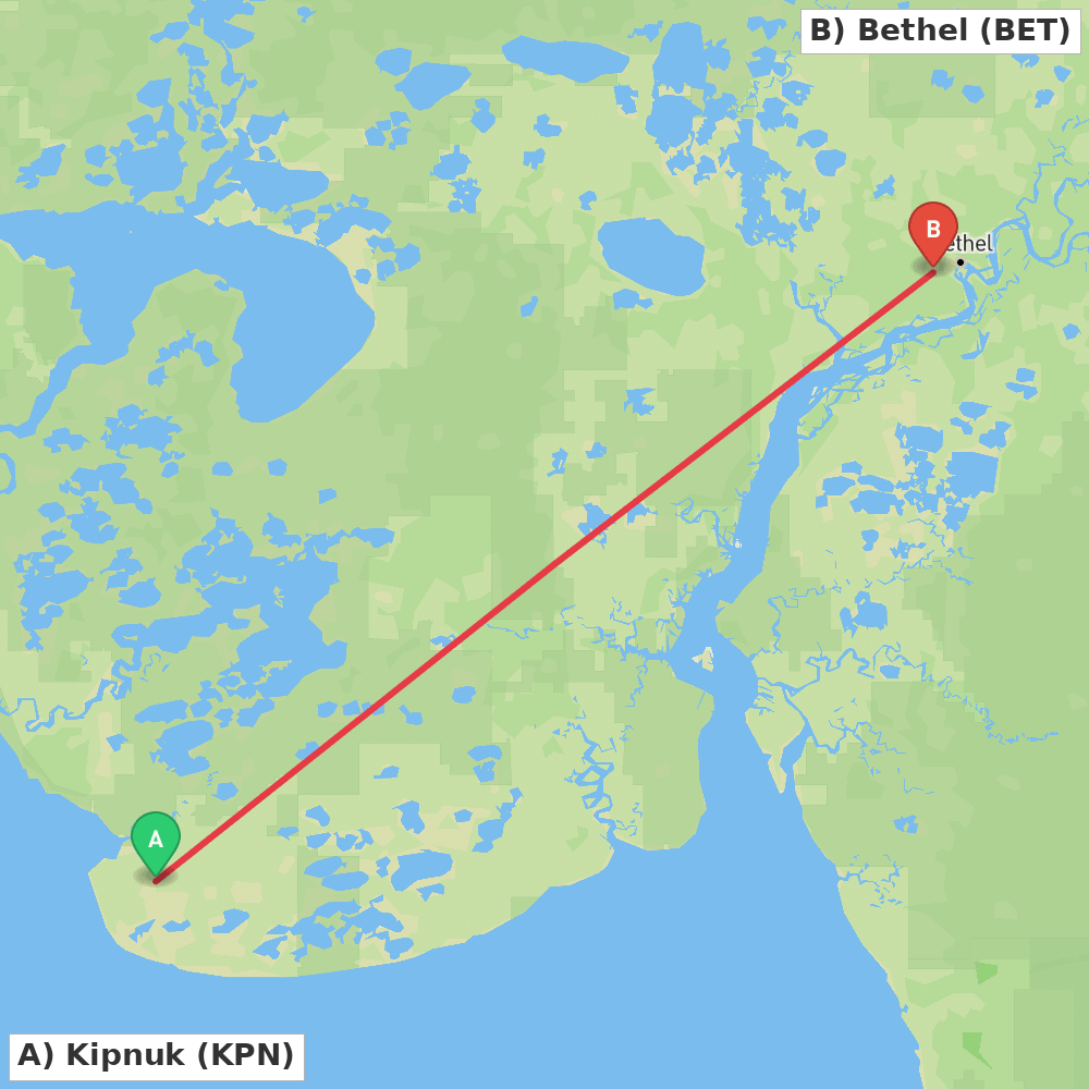 Flight route map from Kipnuk to Bethel