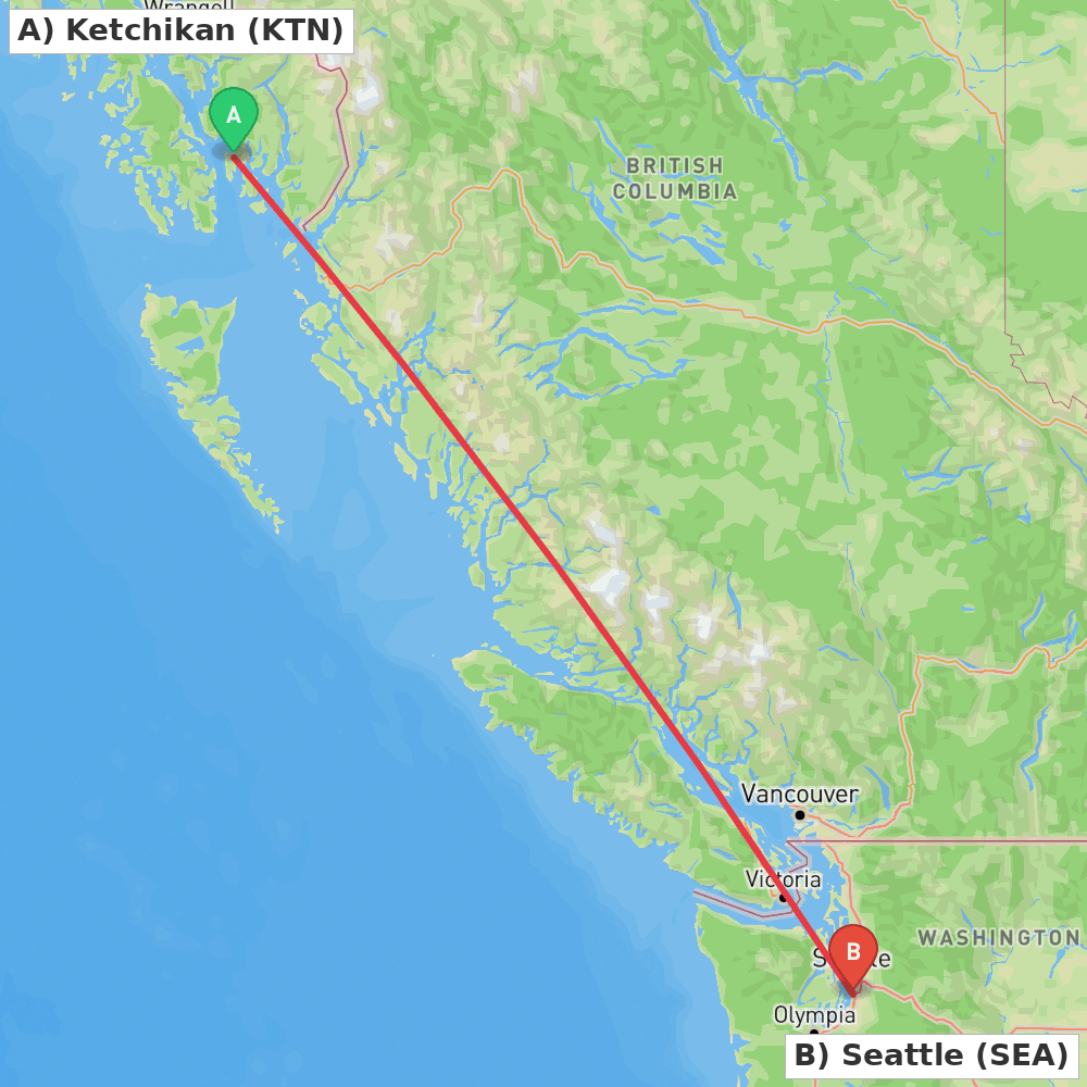 Flight route map from Ketchikan to Seattle