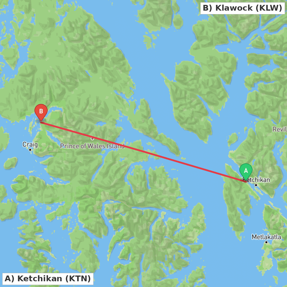 Flight route map from Ketchikan to Klawock