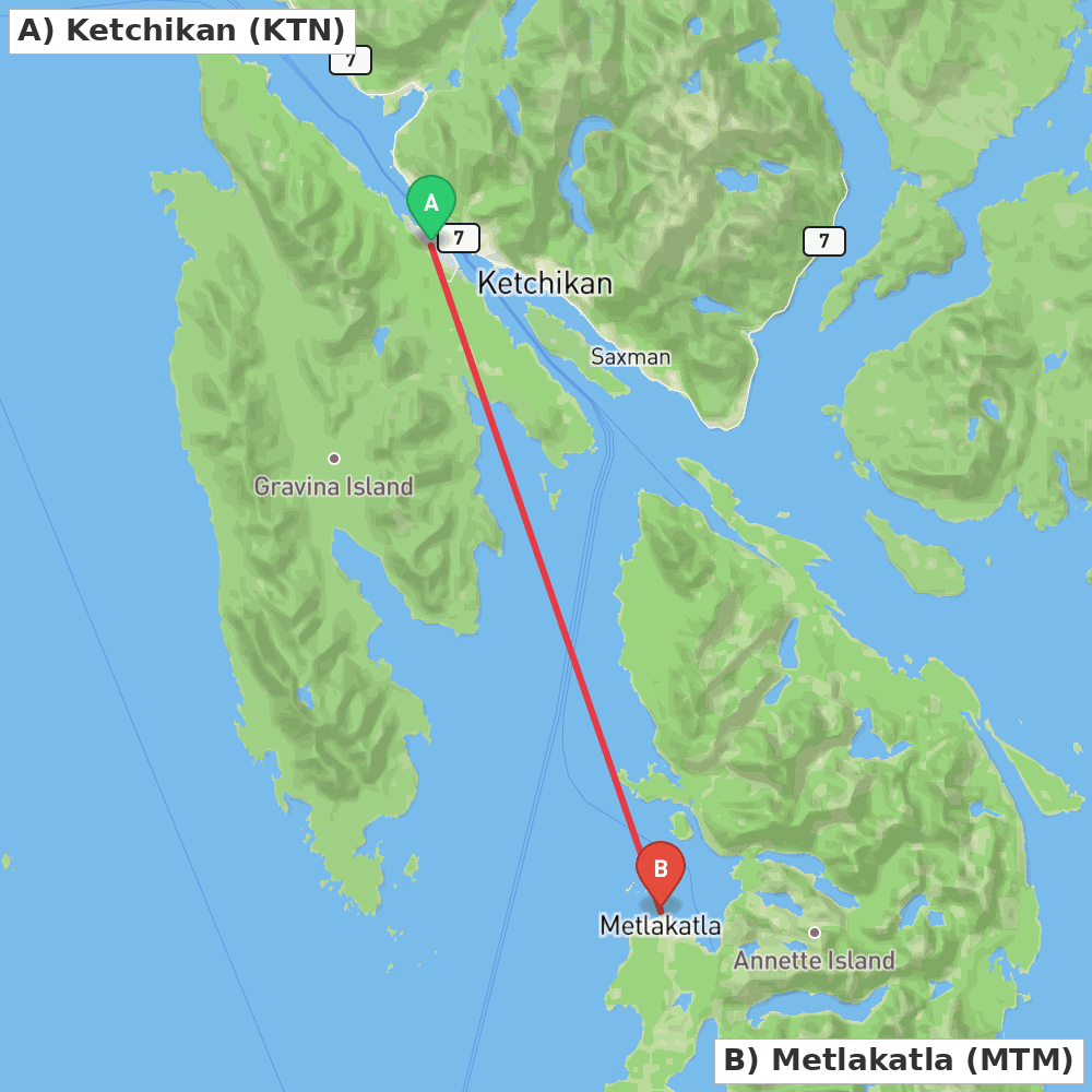 Flight route map from Ketchikan to Metlakatla