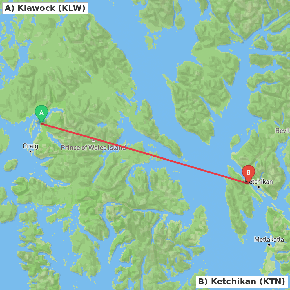 Flight route map from Klawock to Ketchikan