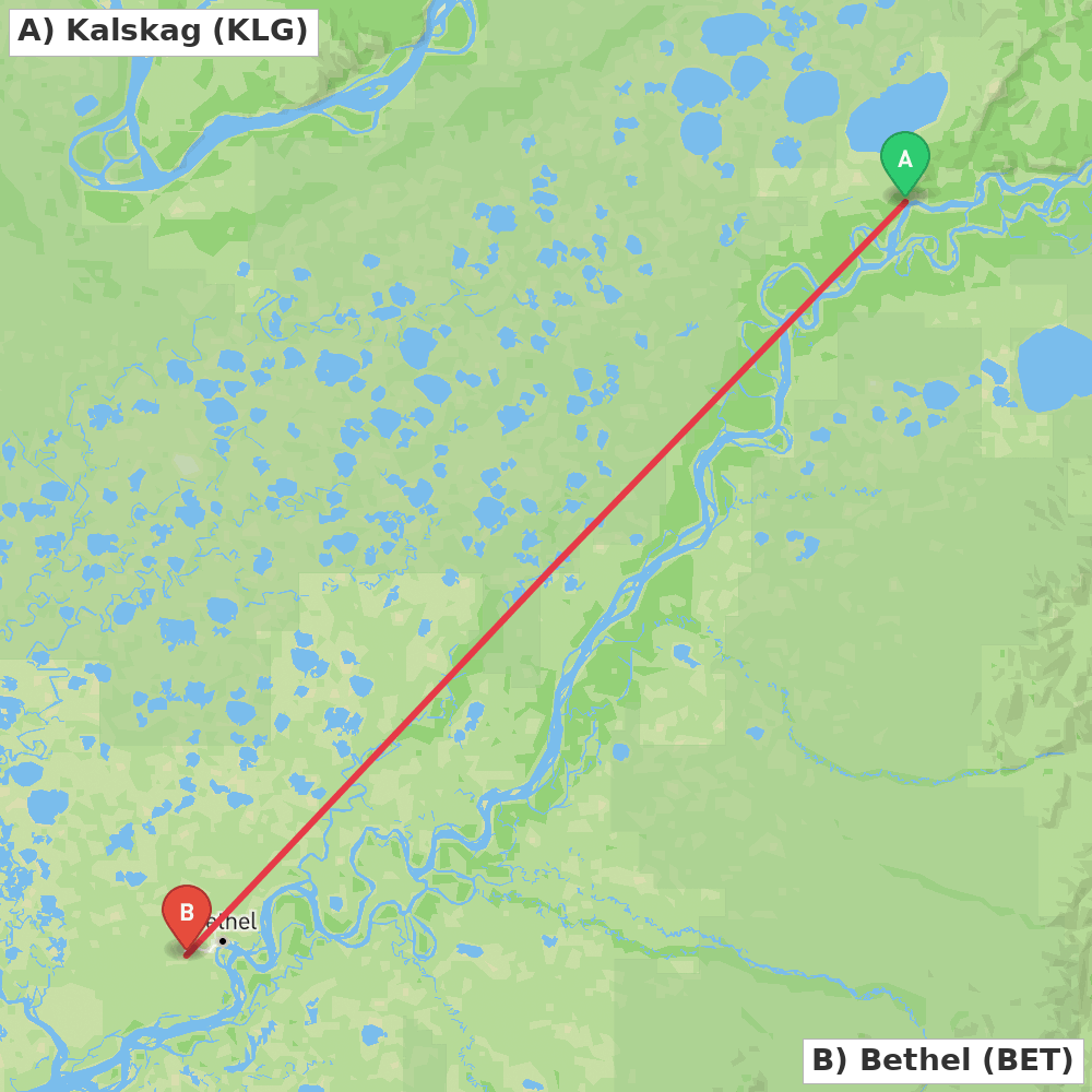 Flight route map from Kalskag to Bethel