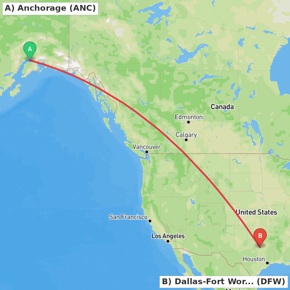 Flight route map from Anchorage to Dallas-Fort Worth
