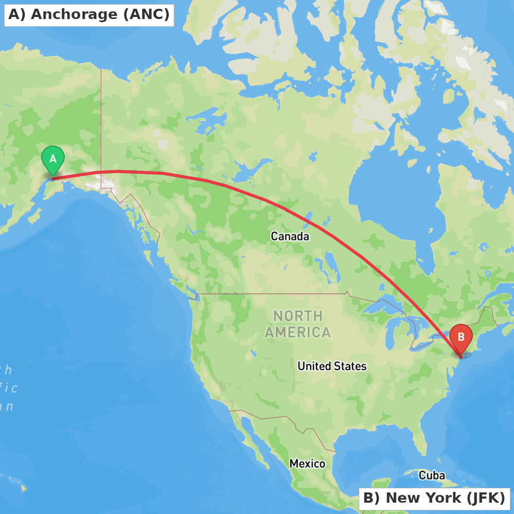 Flight route map from Anchorage to New York