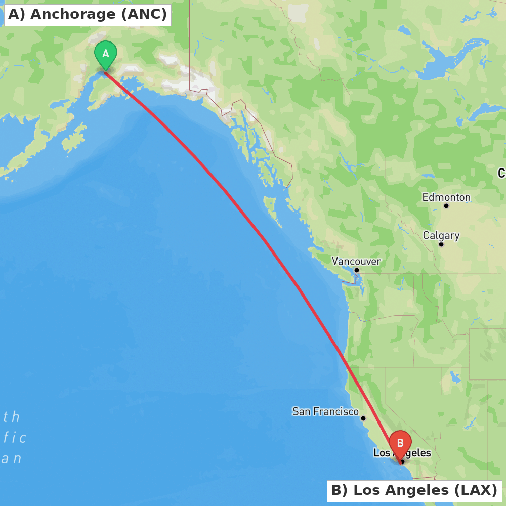 Flight route map from Anchorage to Los Angeles