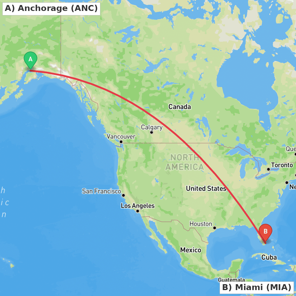 Flight route map from Anchorage to Miami