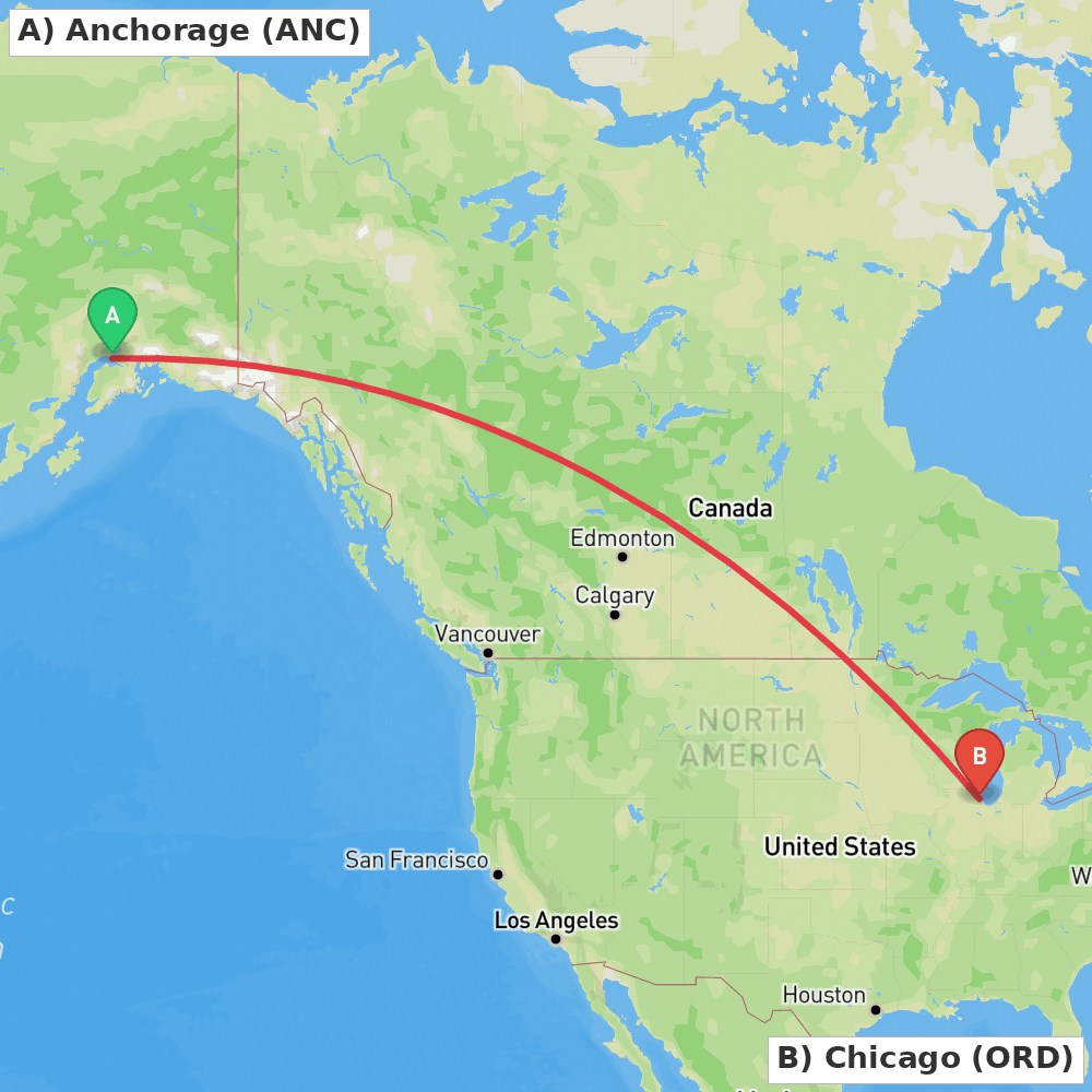 Flight route map from Anchorage to Chicago