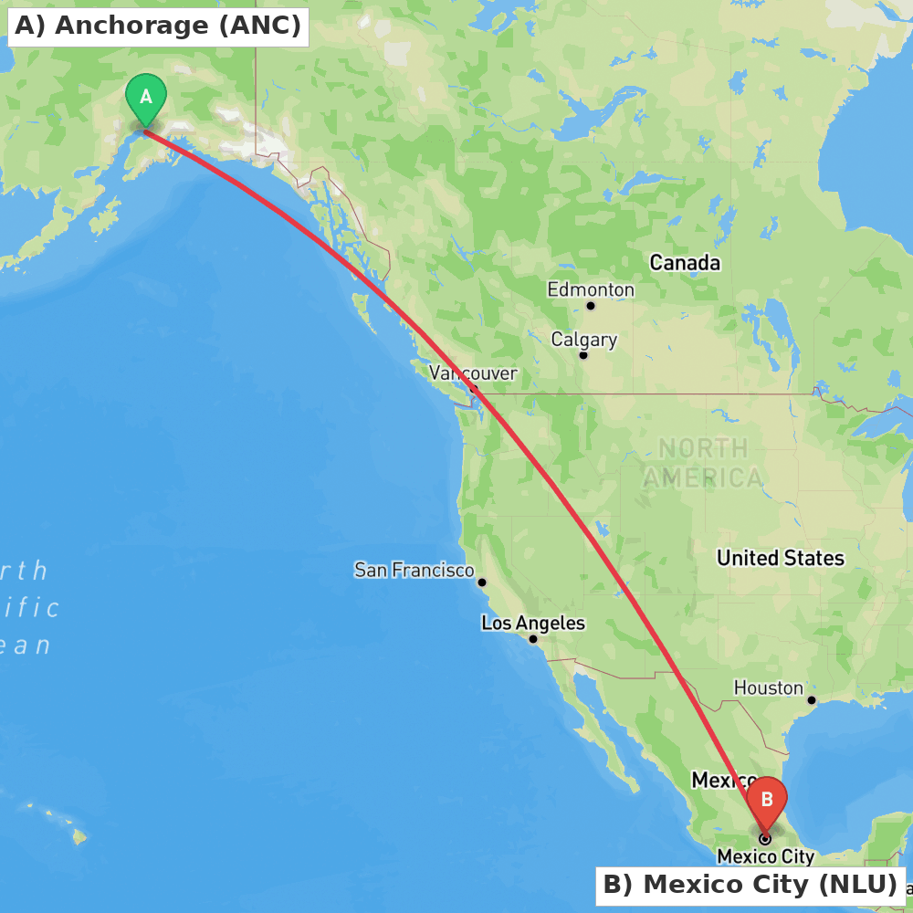 Flight route map from Anchorage to Mexico City