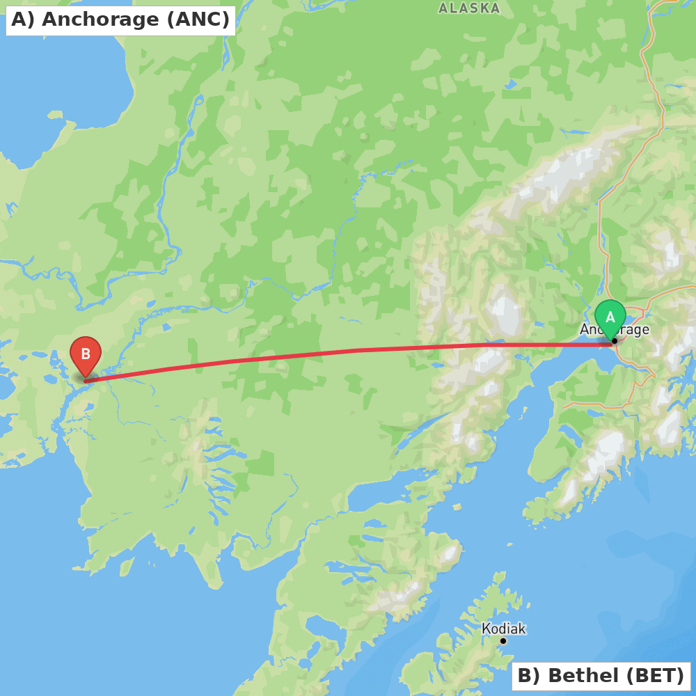 Flight route map from Anchorage to Bethel