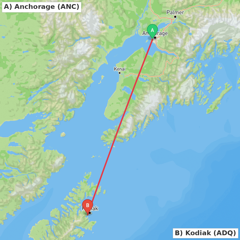 Flight route map from Anchorage to Kodiak