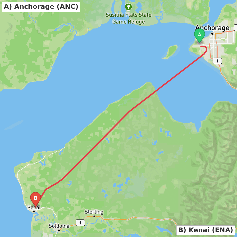 Flight route map from Anchorage to Kenai