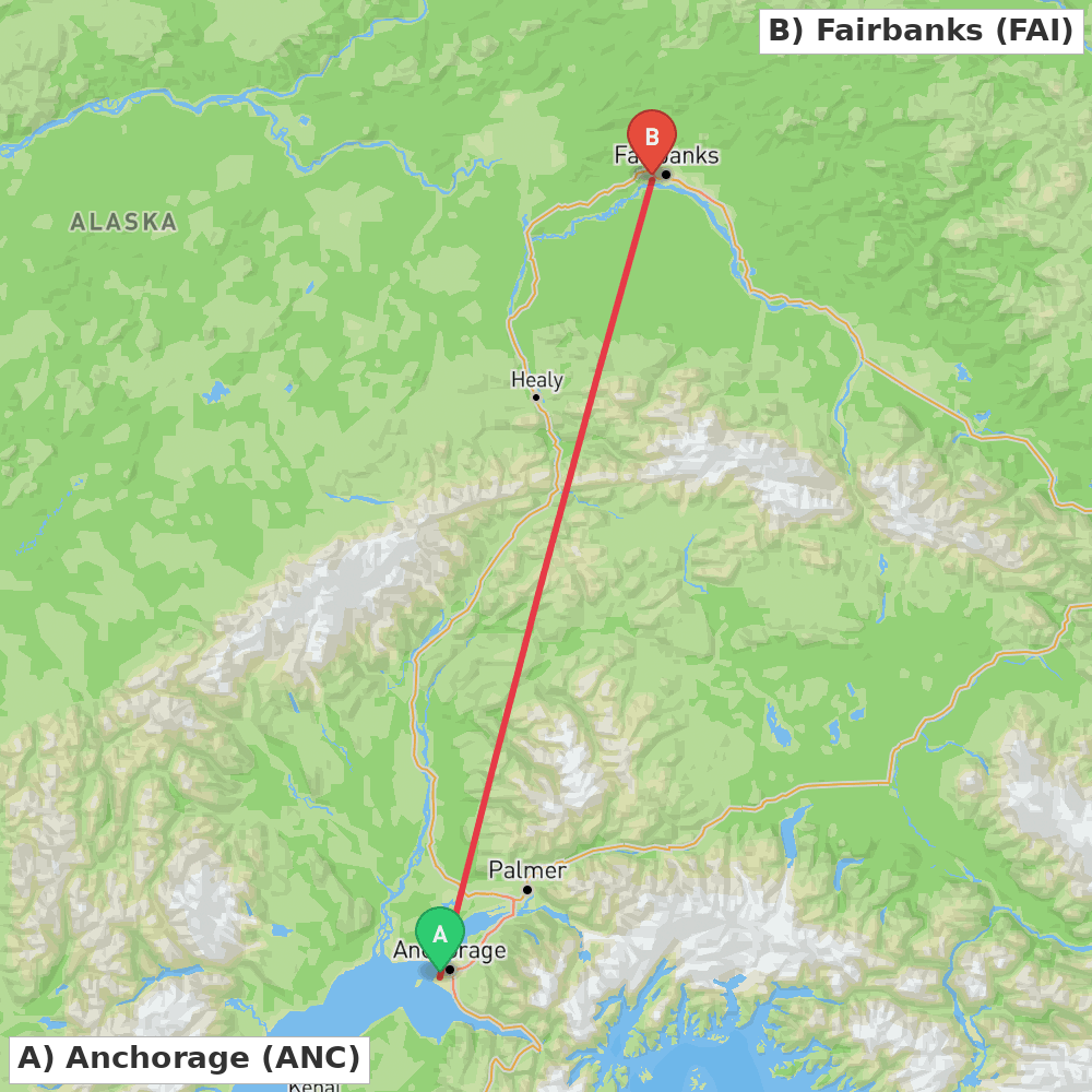 Flight route map from Anchorage to Fairbanks