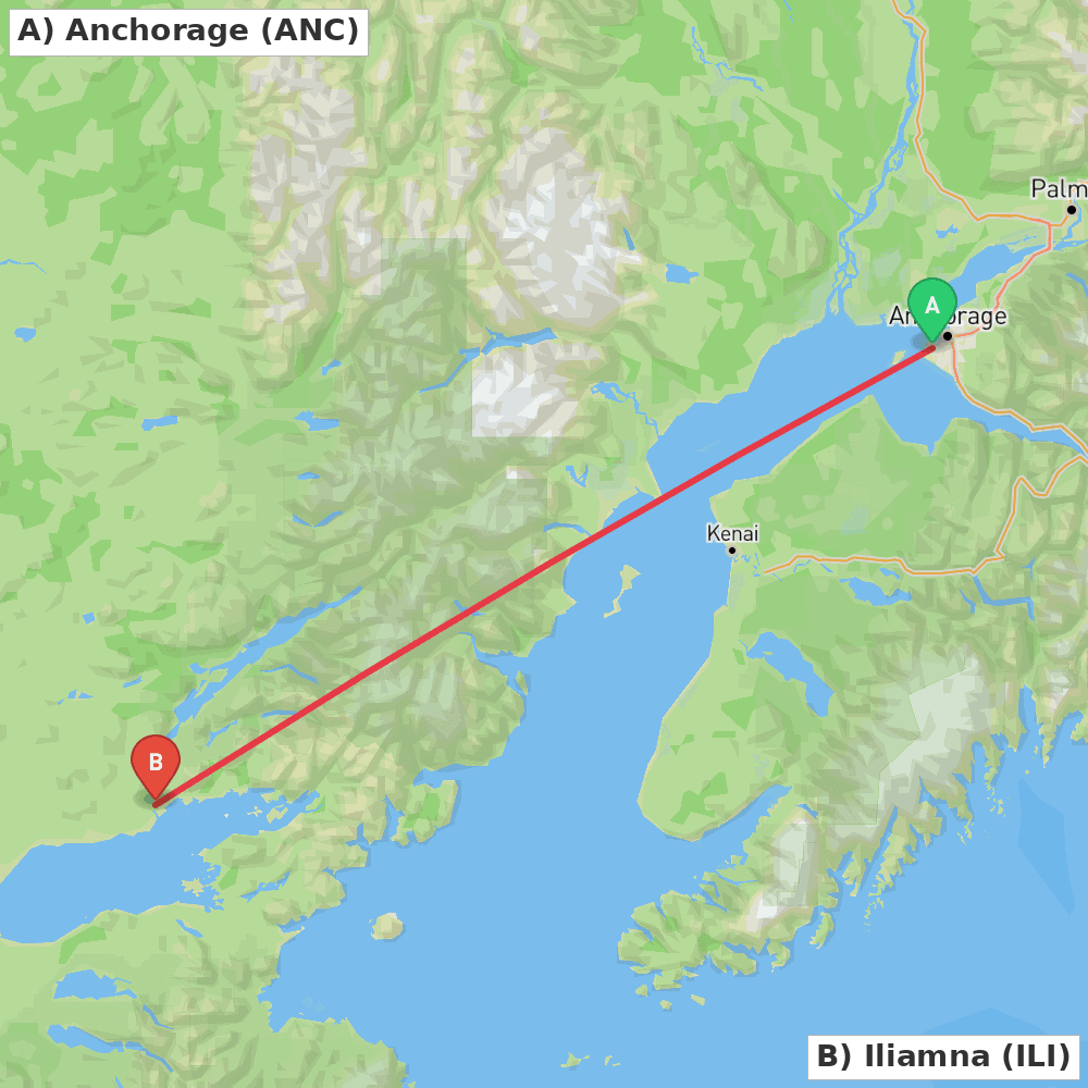 Flight route map from Anchorage to Iliamna