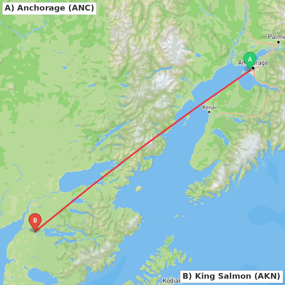 Flight route map from Anchorage to King Salmon