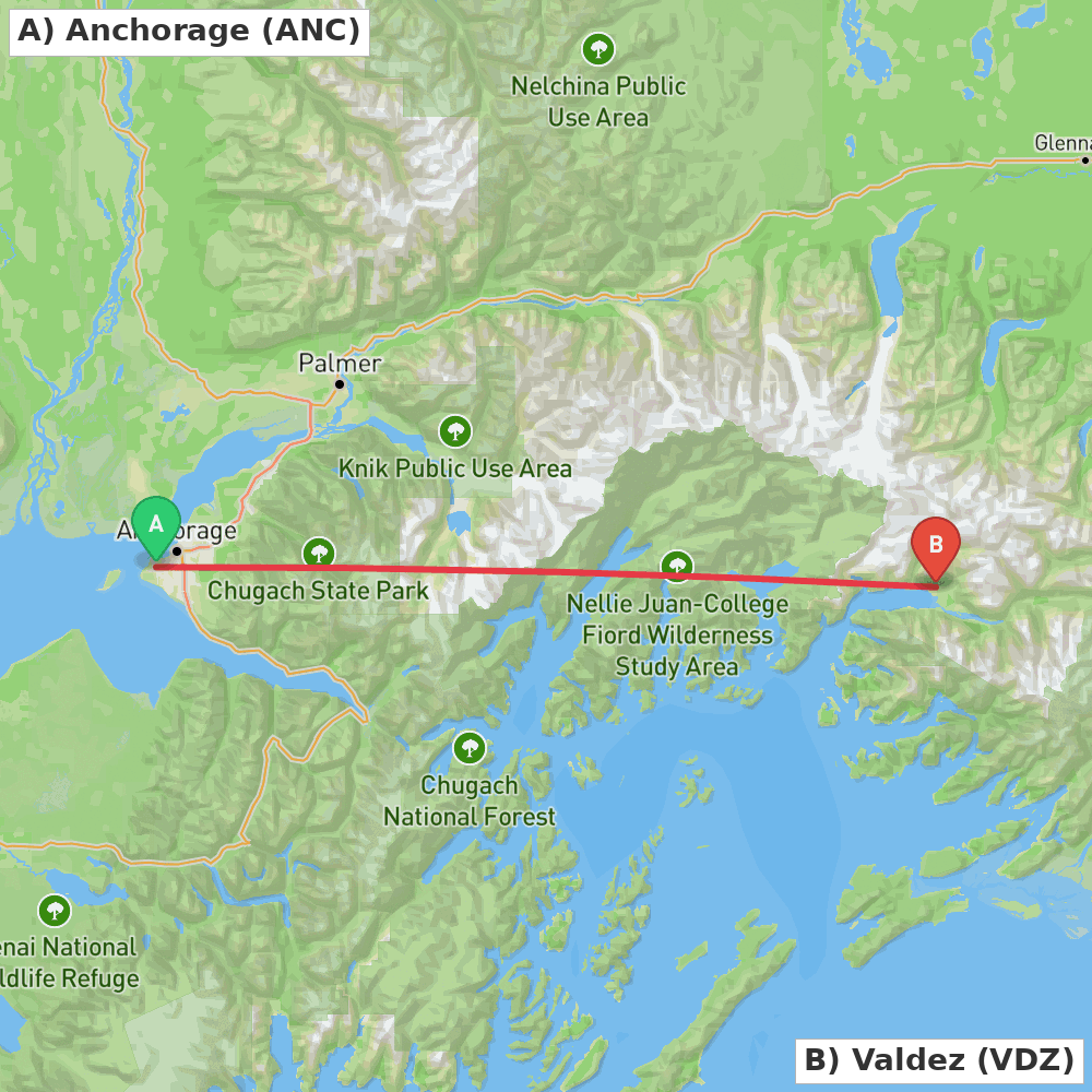 Flight route map from Anchorage to Valdez