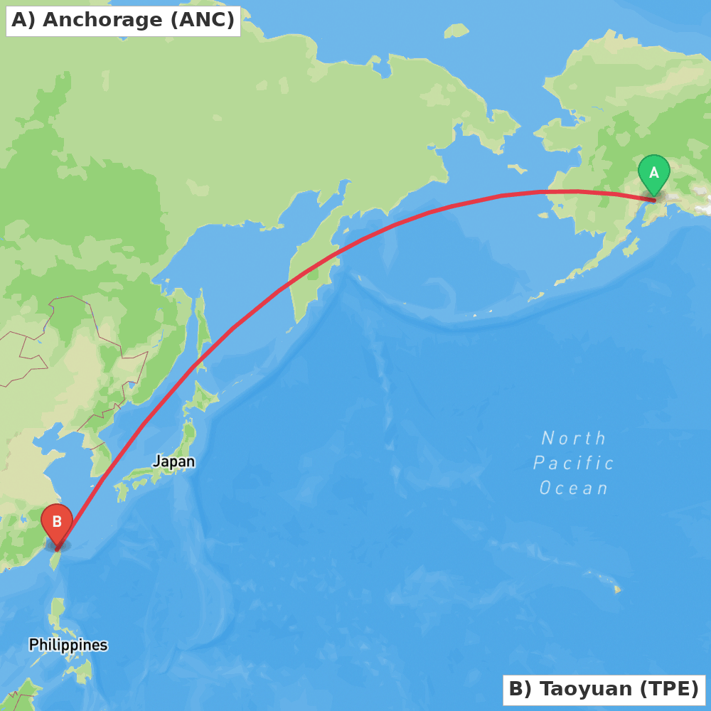 Flight route map from Anchorage to Taoyuan
