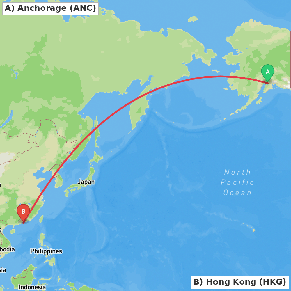 Flight route map from Anchorage to Hong Kong