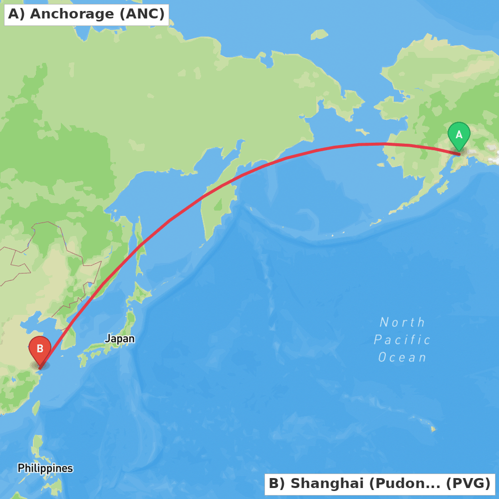 Flight route map from Anchorage to Shanghai (Pudong)