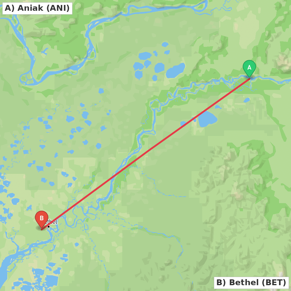 Flight route map from Aniak to Bethel
