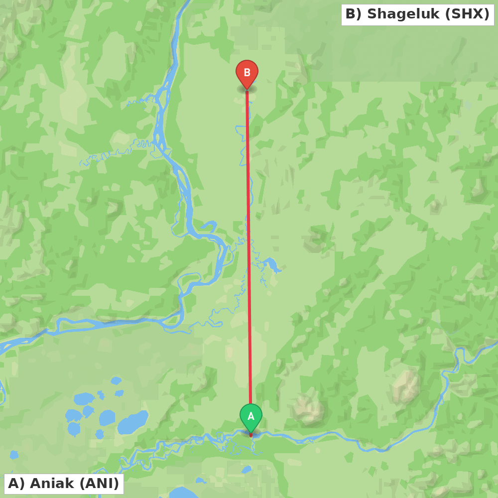 Flight route map from Aniak to Shageluk
