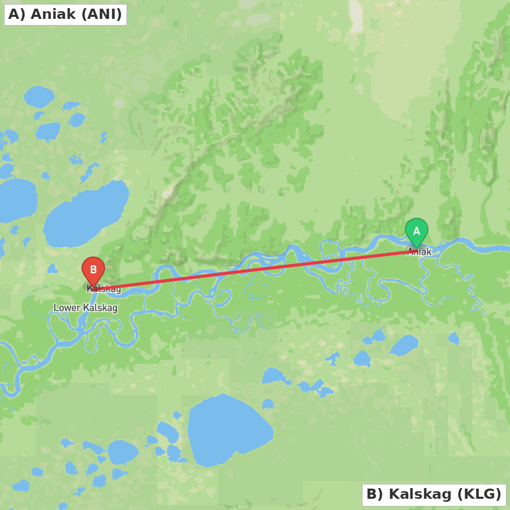 Flight route map from Aniak to Kalskag