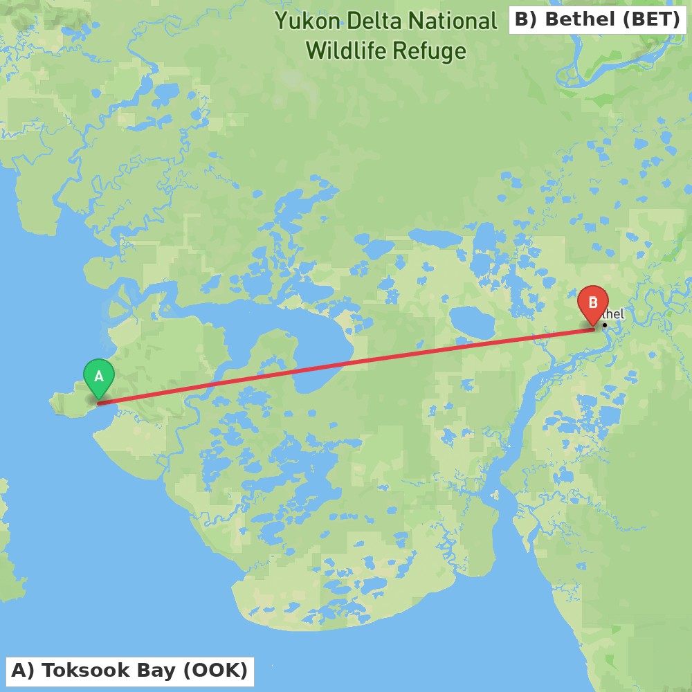Flight route map from Toksook Bay to Bethel