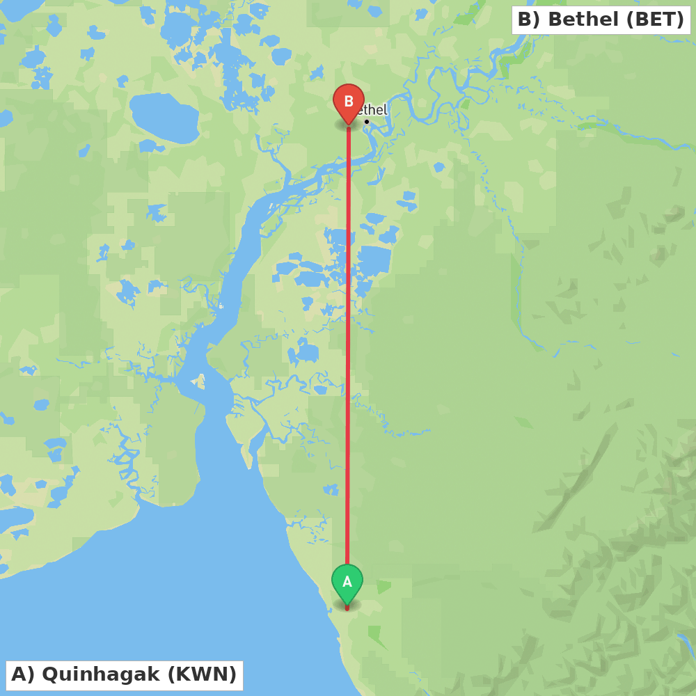 Flight route map from Quinhagak to Bethel