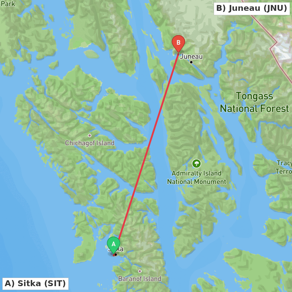 Flight route map from Sitka to Juneau
