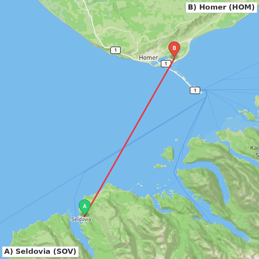 Flight route map from Seldovia to Homer