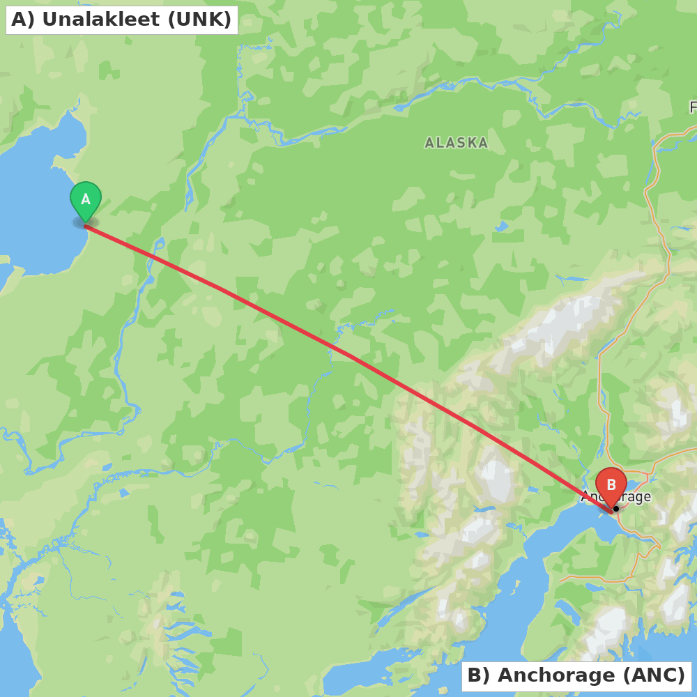 Flight route map from Unalakleet to Anchorage