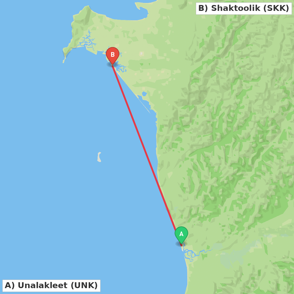 Flight route map from Unalakleet to Shaktoolik