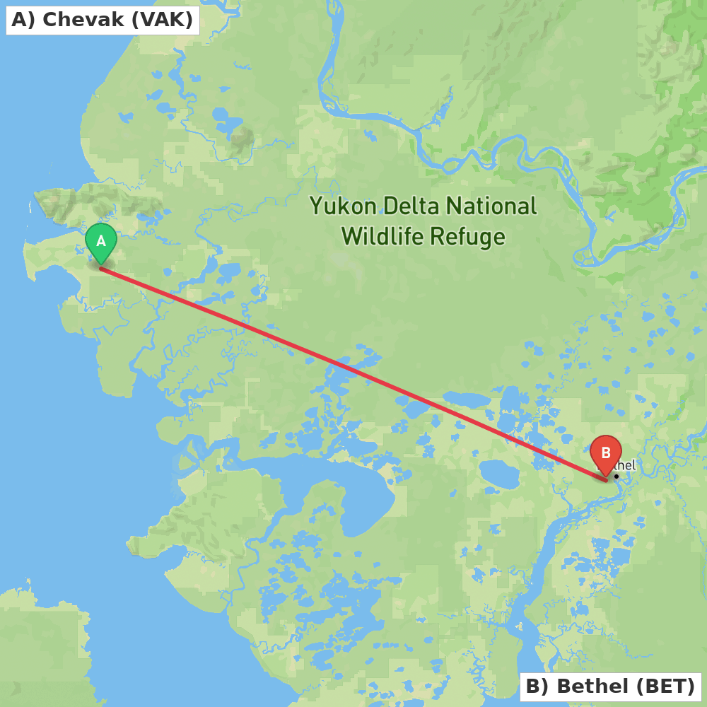 Flight route map from Chevak to Bethel