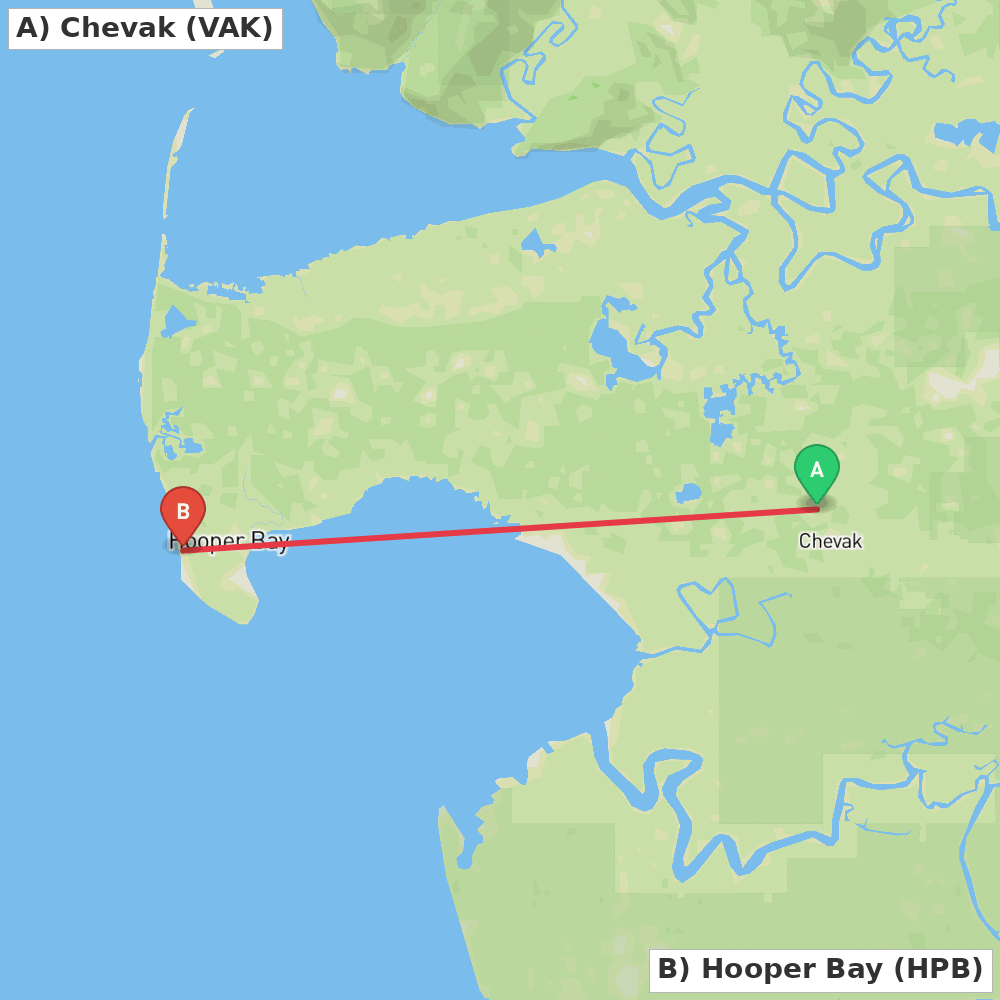 Flight route map from Chevak to Hooper Bay