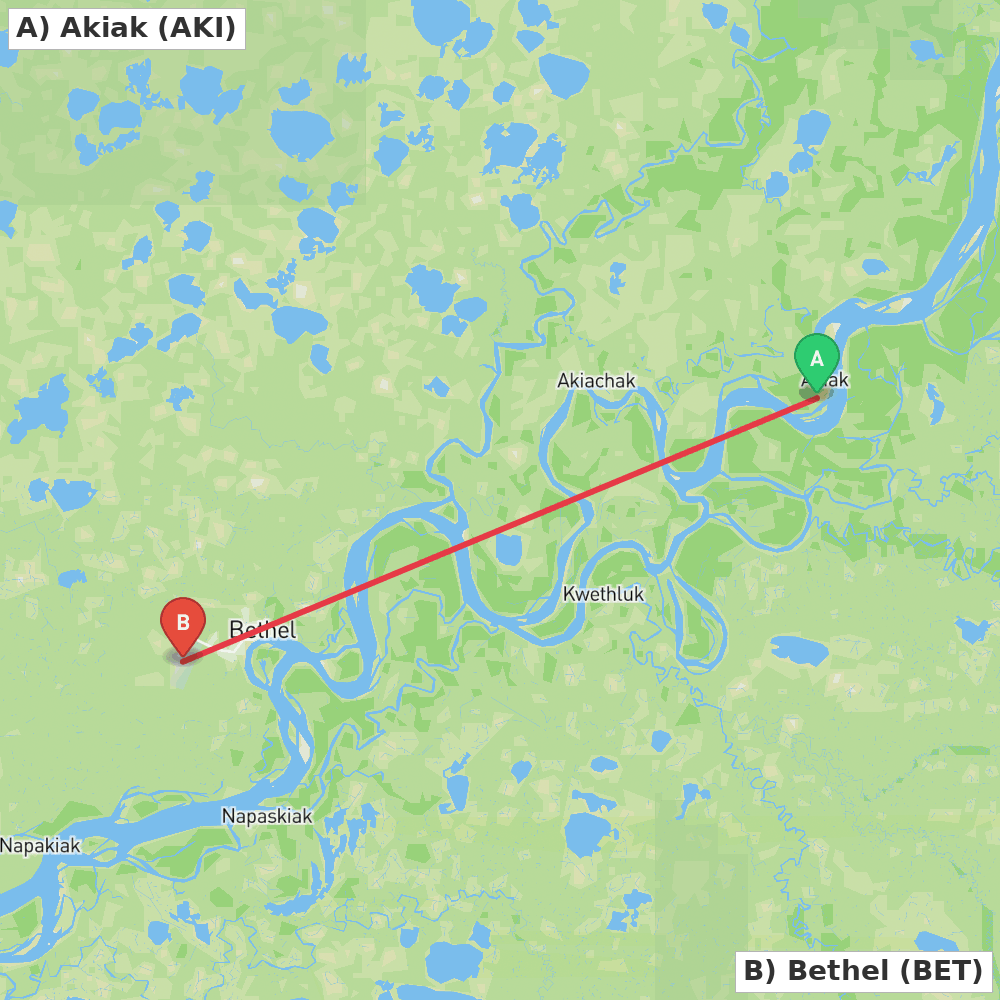 Flight route map from Akiak to Bethel