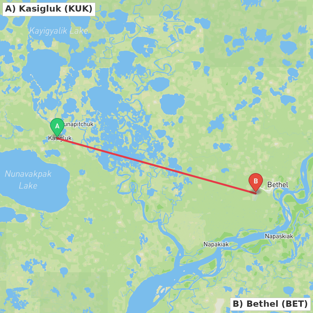 Flight route map from Kasigluk to Bethel