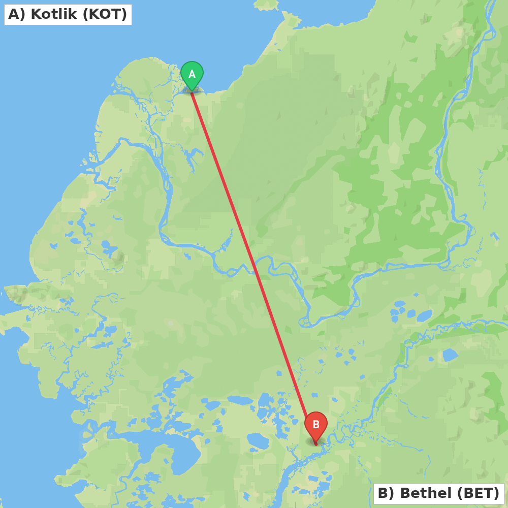 Flight route map from Kotlik to Bethel