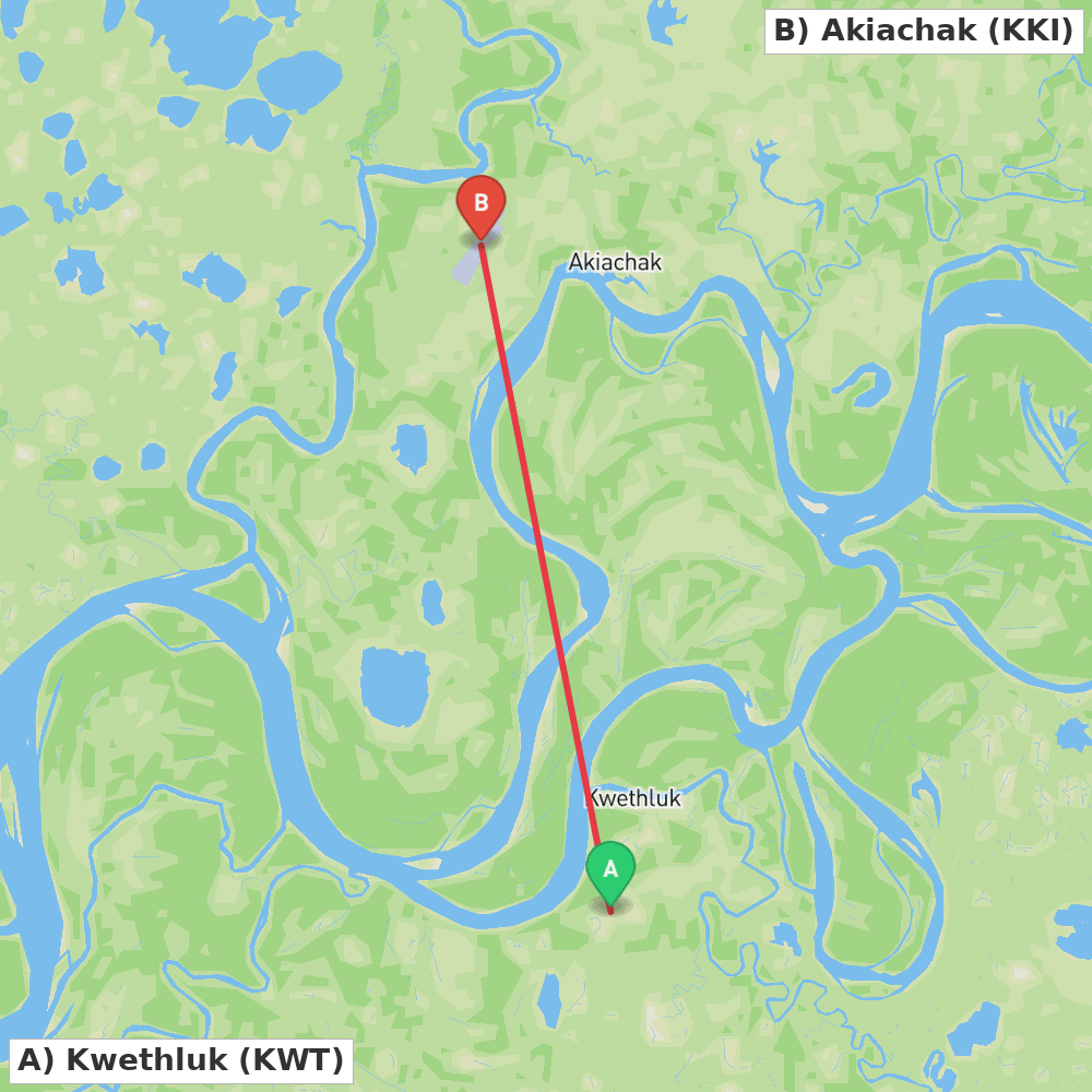 Flight route map from Kwethluk to Akiachak