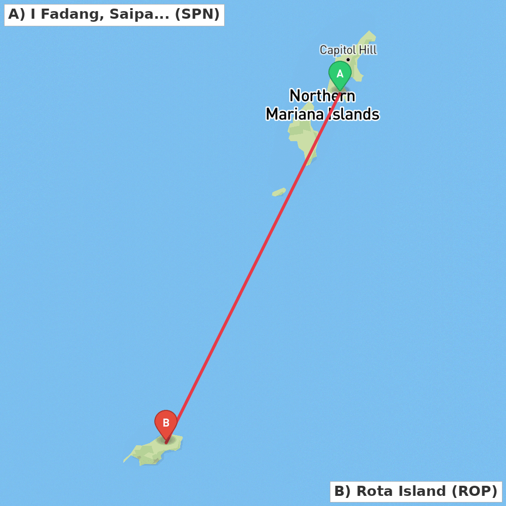 Flight route map from I Fadang, Saipan to Rota Island