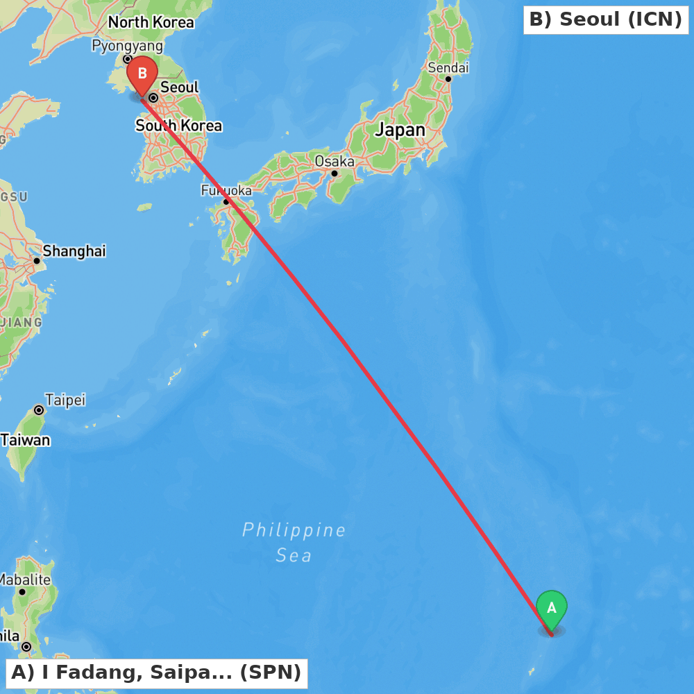 Flight route map from I Fadang, Saipan to Seoul