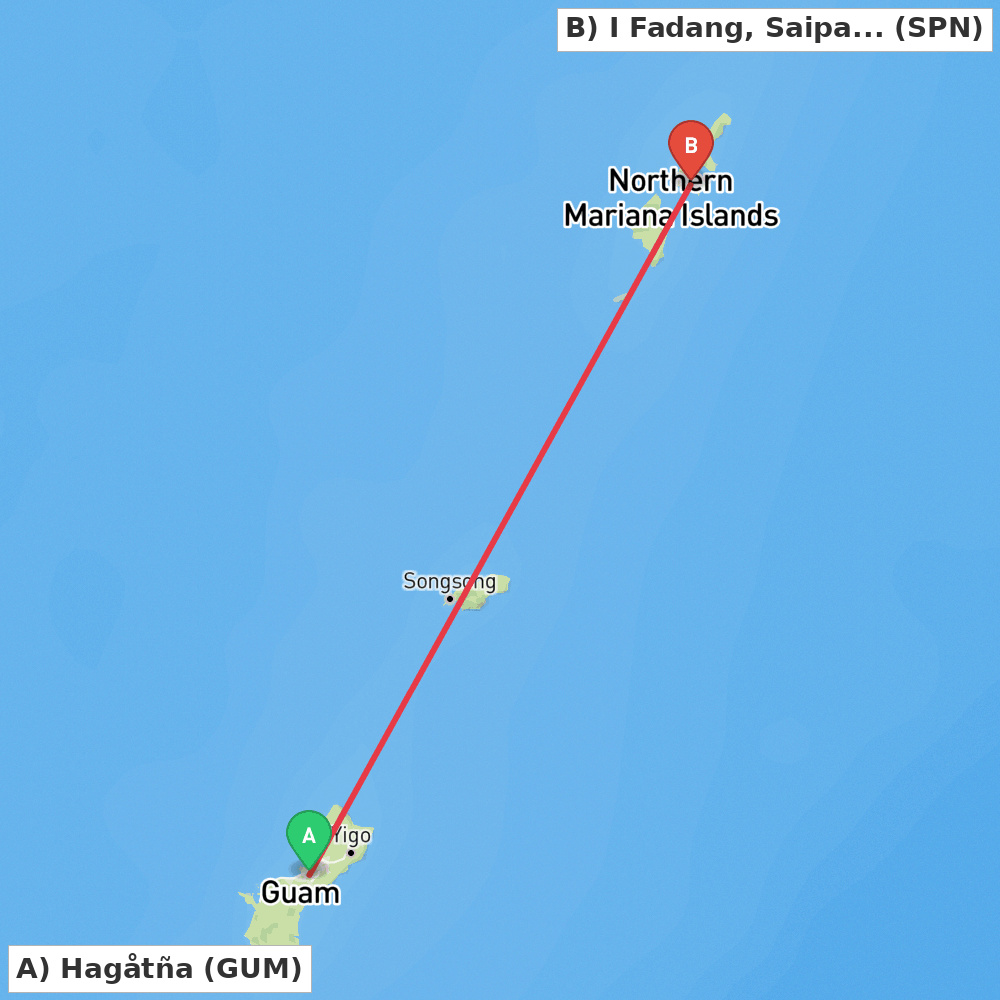 Flight route map from Hagåtña to I Fadang, Saipan