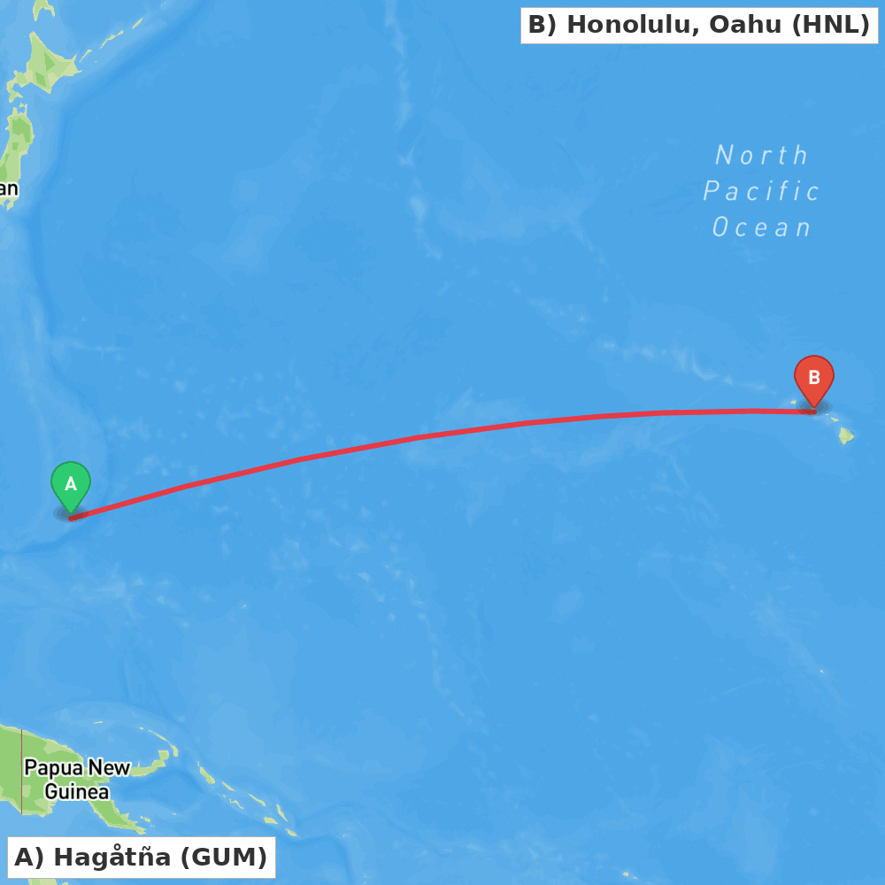 Flight route map from Hagåtña to Honolulu, Oahu