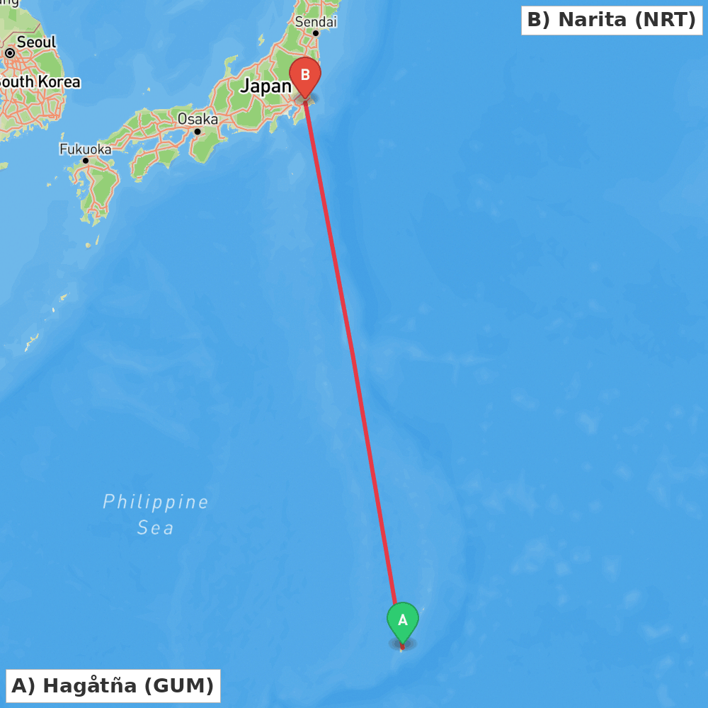 Flight route map from Hagåtña to Narita